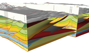 Block diagram showing sedimentary layers and structure.